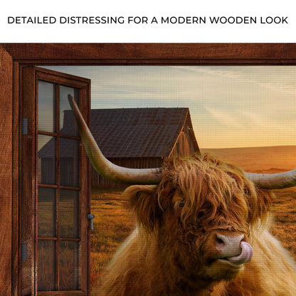 Highland Cow Window View Canvas Wall Art Tailored Canvases, rustic wood frame and sunset on Tampa Home & Garden Store