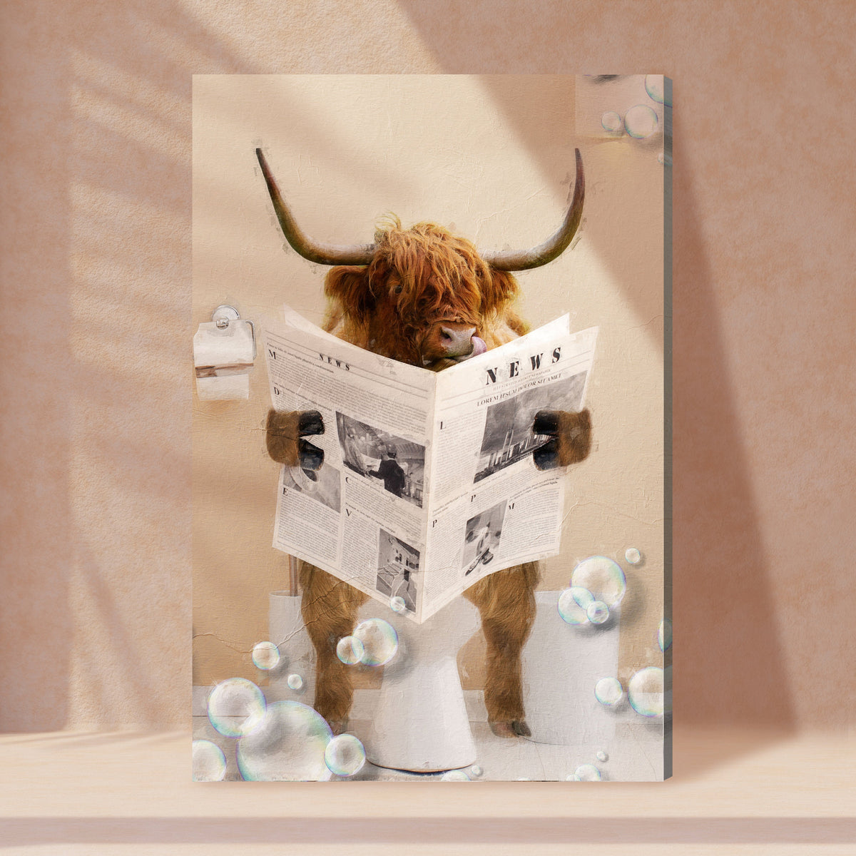 Highland Cow Reading Newspaper canvas wall art beige tones by Tailored Canvases on Tampa Home & Garden Store