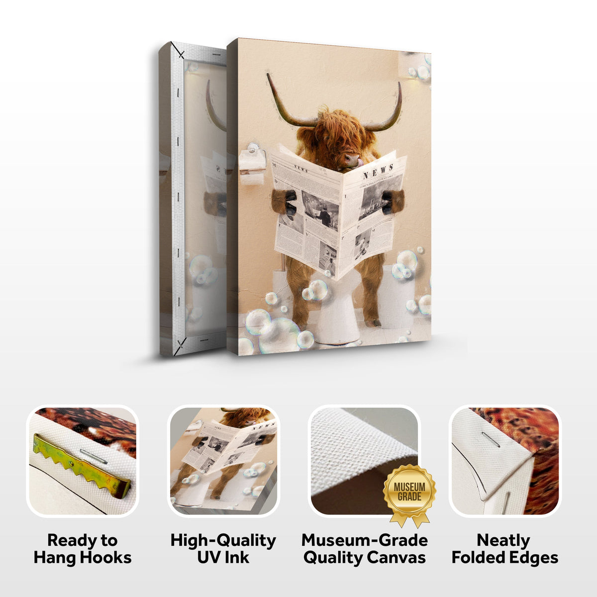 Highland Cow Reading Newspaper Canvas Wall Art by Tailored Canvases, beige background on Tampa Home & Garden Store