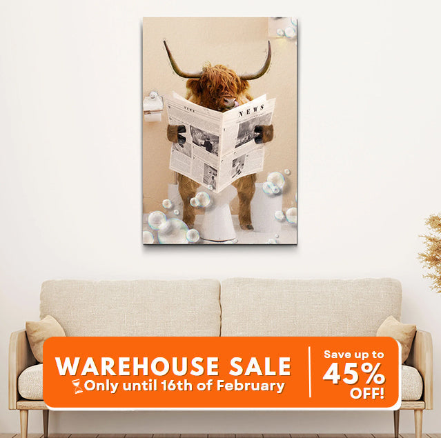 Highland Cow Reading Newspaper canvas wall art by Tailored Canvases, brown cow with newspaper on Tampa Home & Garden Store