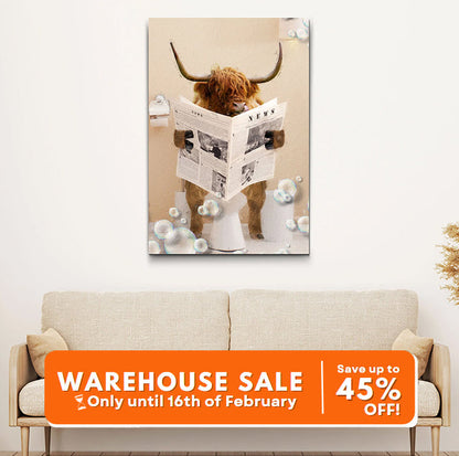 Highland Cow Reading Newspaper canvas wall art by Tailored Canvases, brown cow with newspaper on Tampa Home & Garden Store