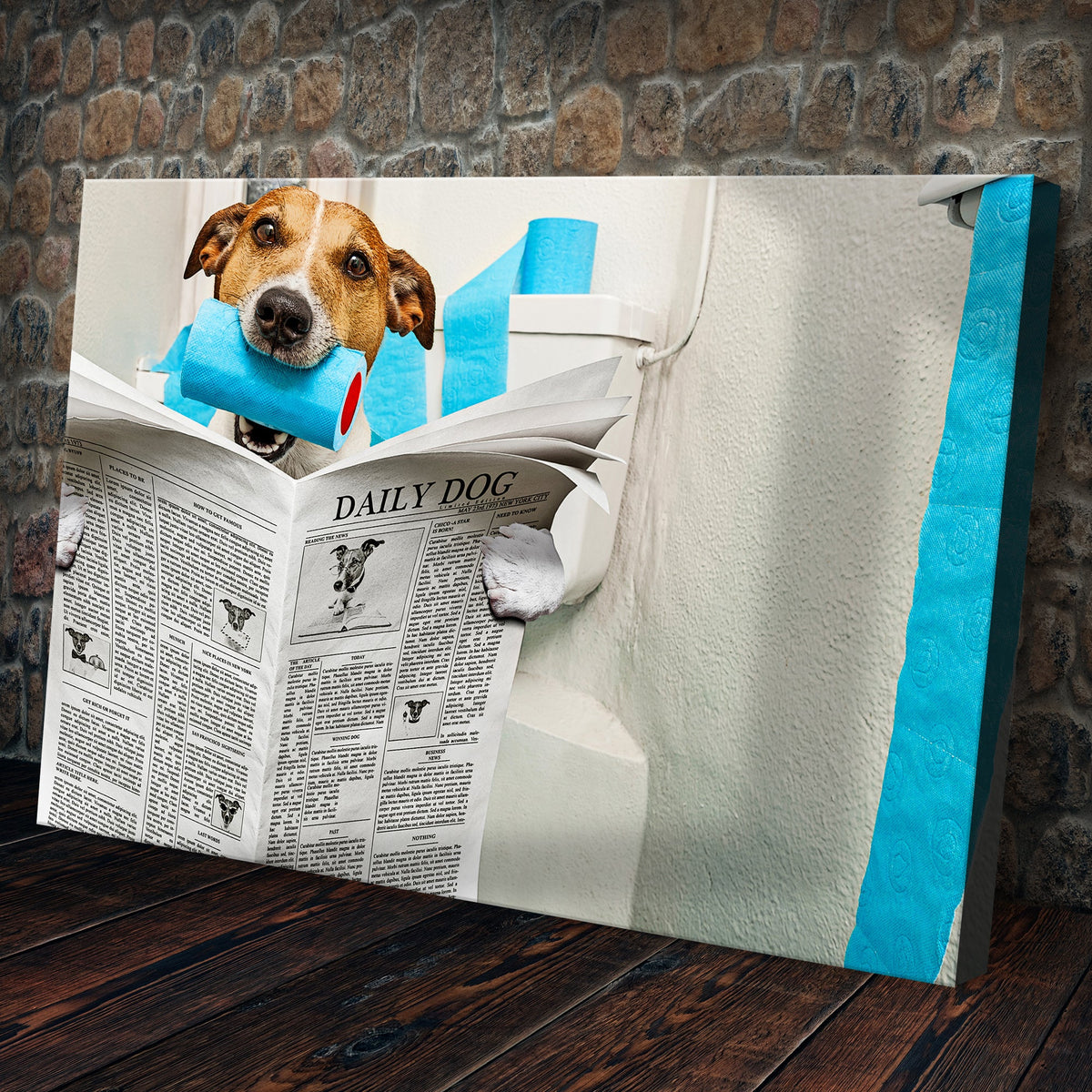 Dog reading newspaper on toilet canvas wall art by Tailored Canvases, crafting canvas decor on Tampa Home & Garden Store