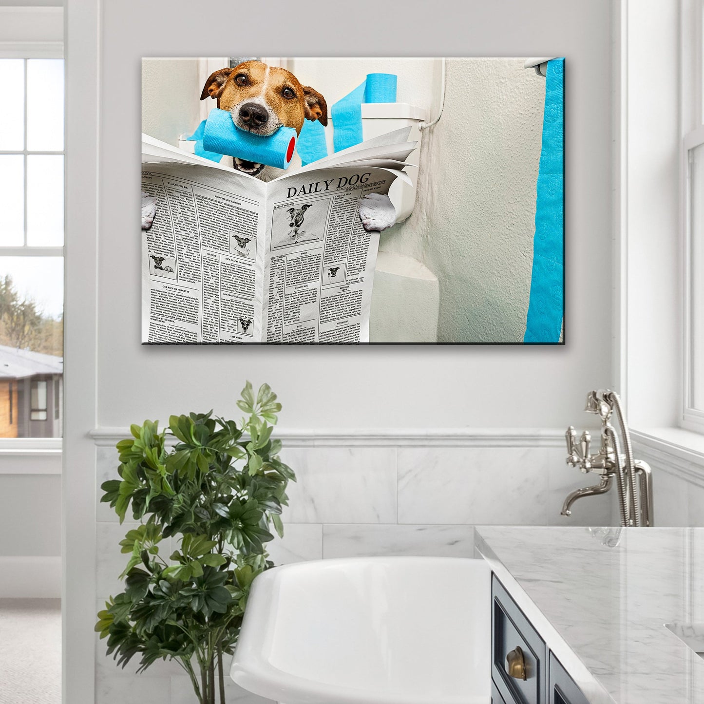 Dog Reading Newspaper On Toilet Canvas Wall Art with blue toilet paper roll on Tampa Home & Garden Store
