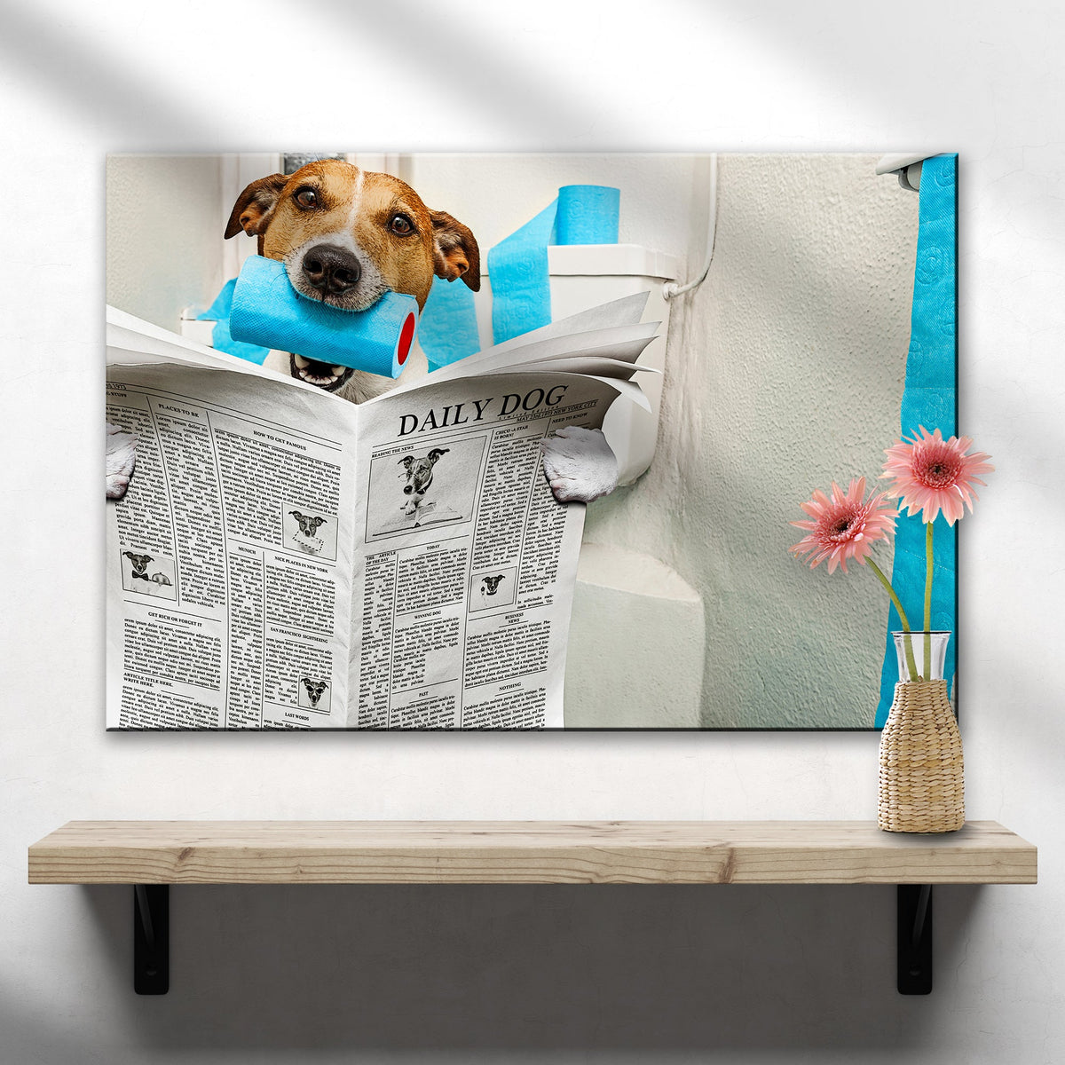Dog reading newspaper on toilet canvas wall art with blue tissue roll on Tampa Home & Garden Store