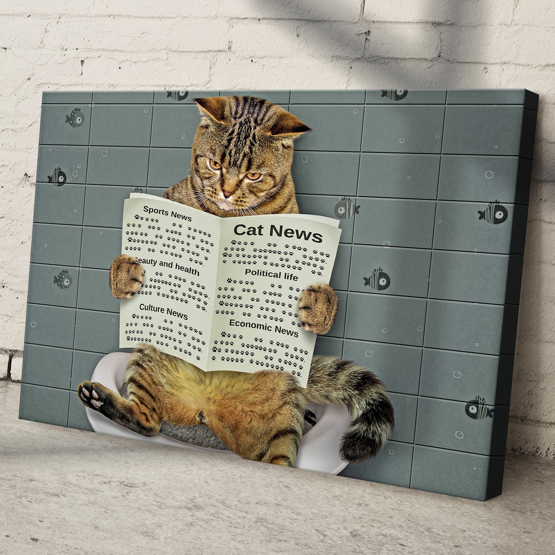 Cat Toilet Reading Newspaper Canvas Wall Art cat in tub reading Cat News gray tile backdrop on Tampa Home & Garden Store