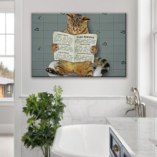 Cat Toilet Reading Newspaper Canvas Wall Art with a cat and newspaper on gray tiles on Tampa Home & Garden Store