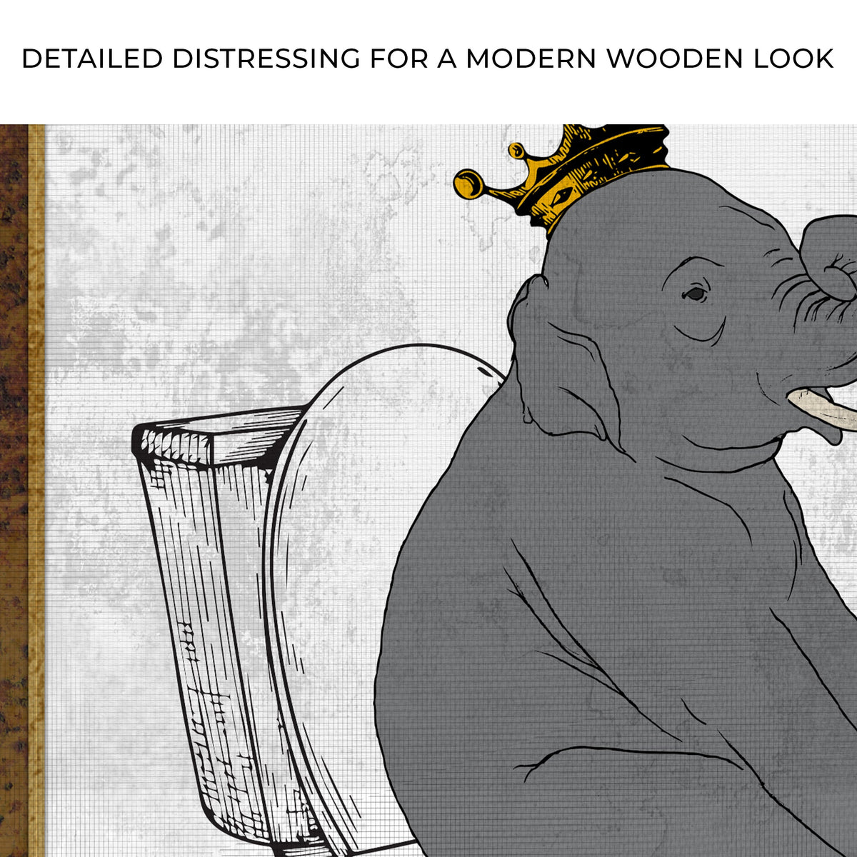 King Elephant On Toilet Canvas Wall Art gray elephant with gold crown on framed canvas on Tampa Home & Garden Store