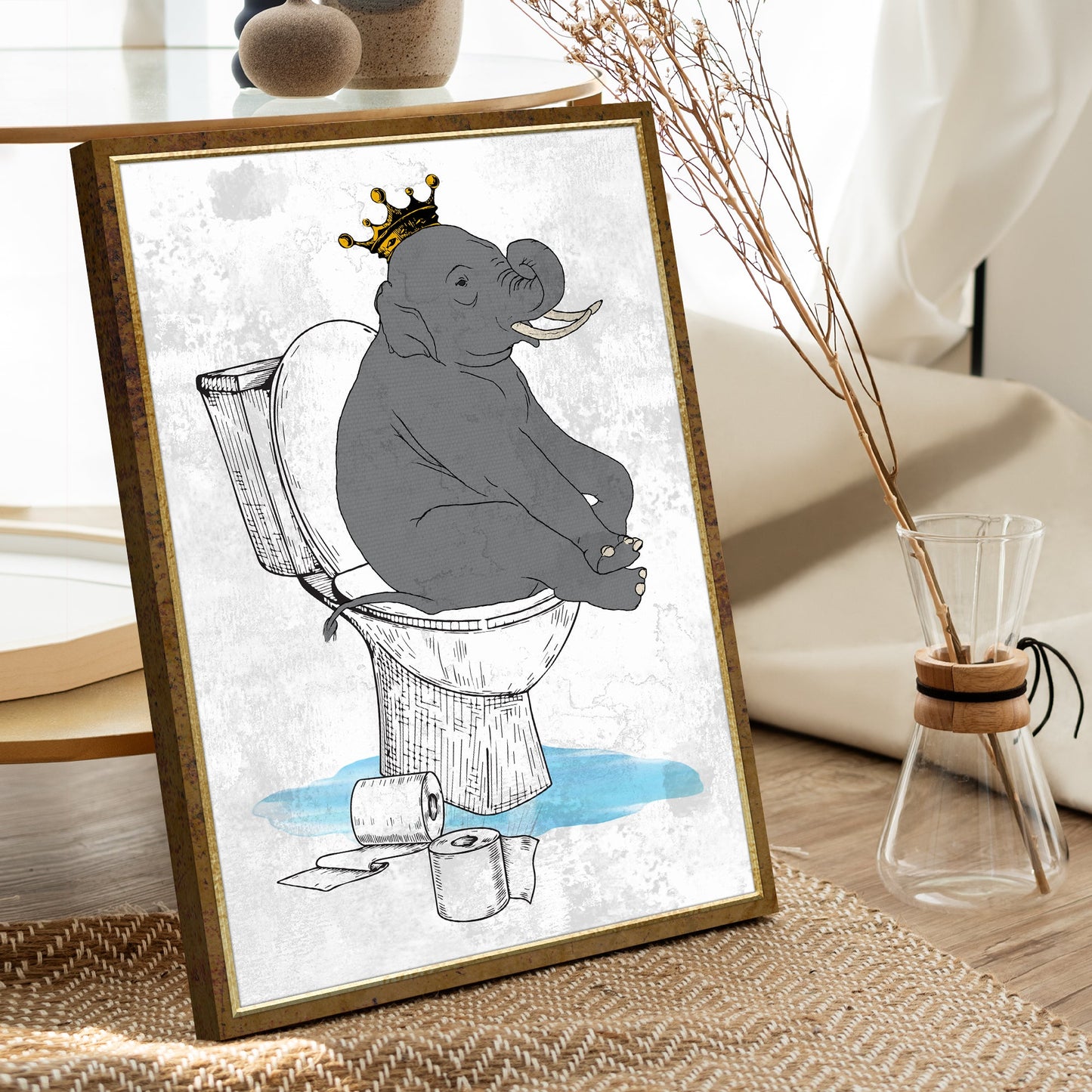 King Elephant On Toilet Canvas Wall Art gray elephant with crown on toilet framed canvas on Tampa Home & Garden Store