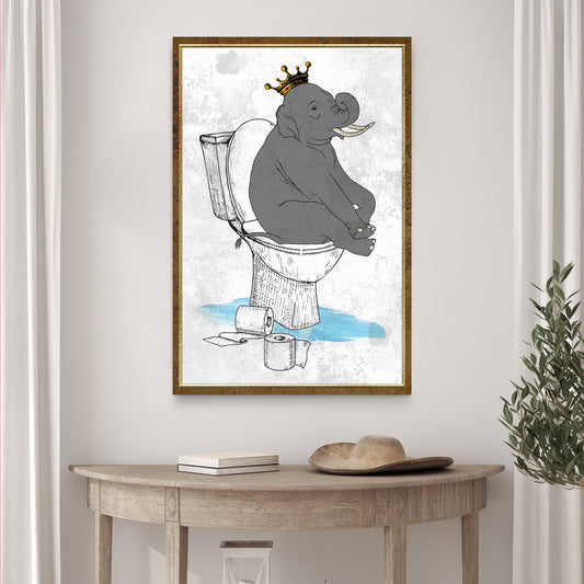 King Elephant On Toilet Canvas Wall Art gray elephant with gold crown on a toilet framed canvas on Tampa Home & Garden Store