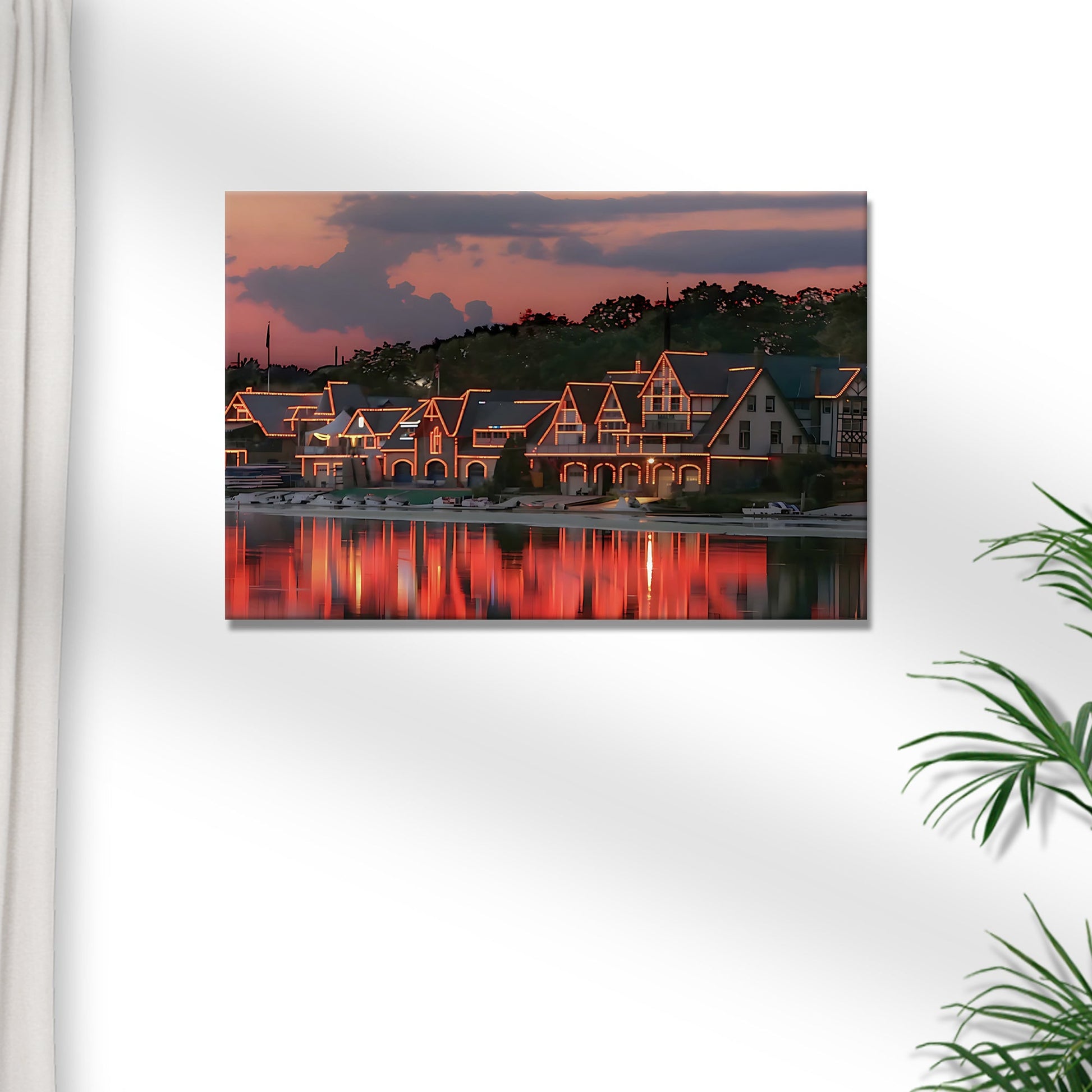 Houses Philadelphia Boathouse Row canvas wall art with sunset and lit boathouses along water on Tampa Home & Garden Store