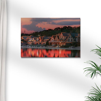 Houses Philadelphia Boathouse Row canvas wall art with sunset and lit boathouses along water on Tampa Home & Garden Store