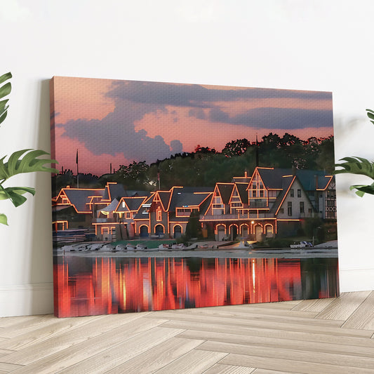 Houses Philadelphia Boathouse Row canvas by Tailored Canvases, sunset with neon rooflines on Tampa Home & Garden Store