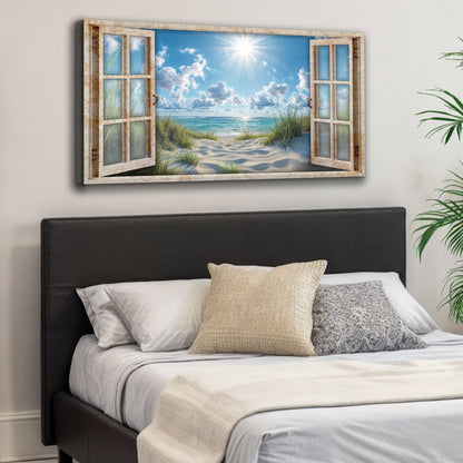 Morning Beach Window Scenery Wall Art canvas by Tailored Canvases, rustic window-frame reveals sunny beach view on Tampa Home & Garden Store