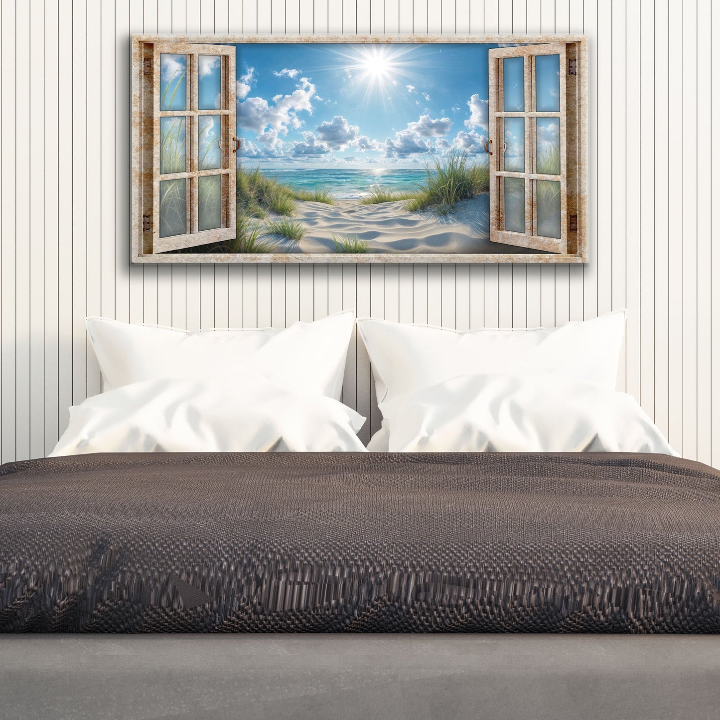 Morning Beach Window Scenery Wall Art canvas with rustic open-frame showing sunlit beach on Tampa Home & Garden Store
