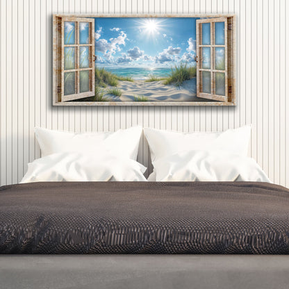 Morning Beach Window Scenery Wall Art canvas with rustic open-frame showing sunlit beach on Tampa Home & Garden Store
