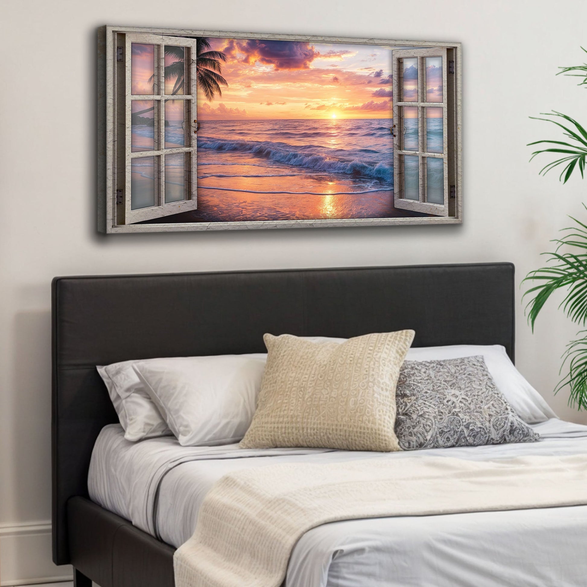 Sunset Beach Window Scenery Wall Art canvas Tailored Canvases; open window view of sunset on Tampa Home & Garden Store