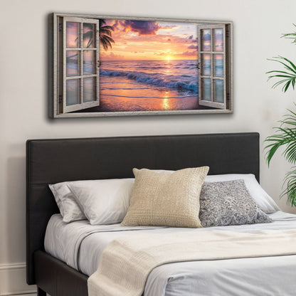 Sunset Beach Window Scenery Wall Art canvas Tailored Canvases; open window view of sunset on Tampa Home & Garden Store