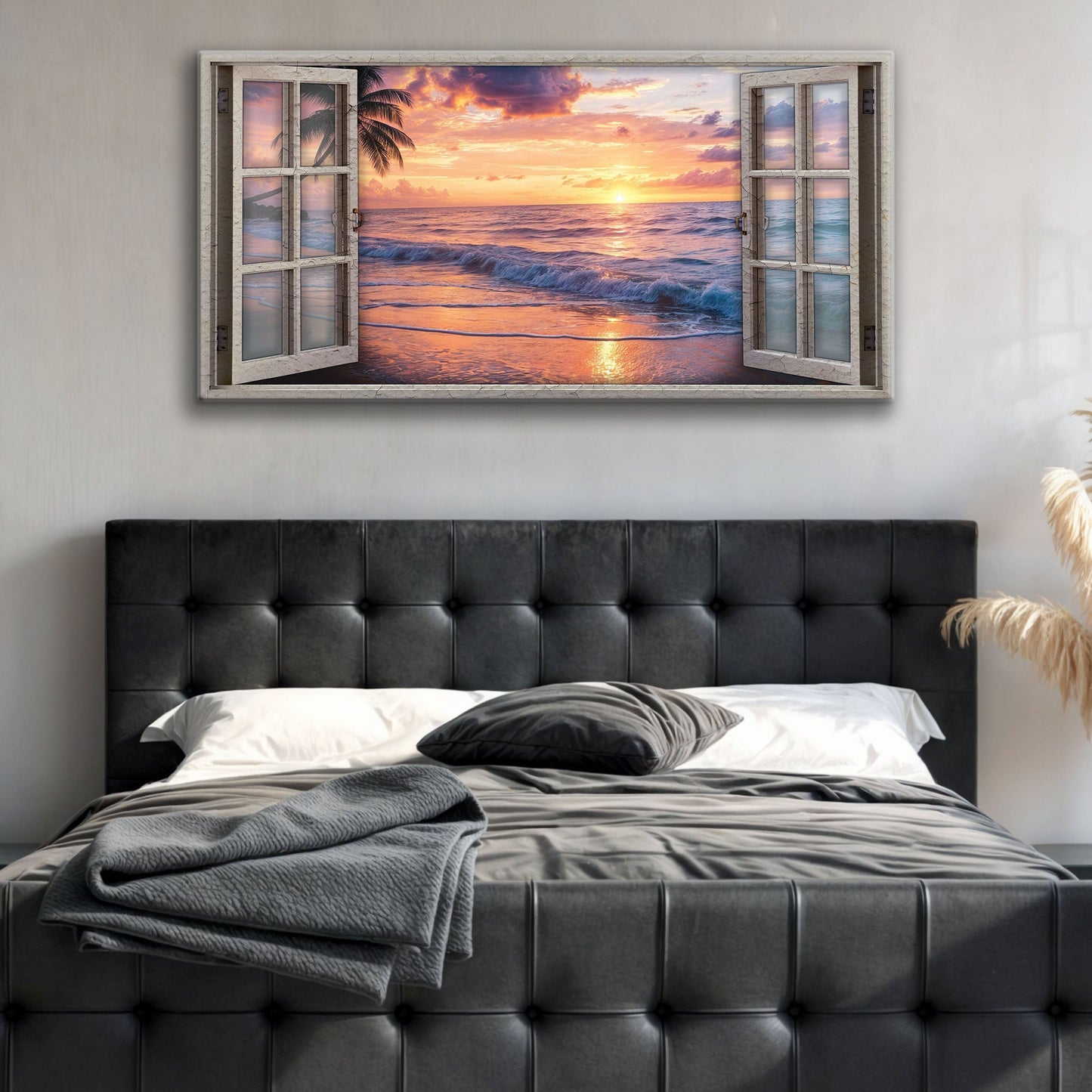 Sunset Beach Window Scenery Wall Art canvas with open window view of sunset ocean and palm trees on Tampa Home & Garden Store