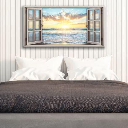 Sunrise Beach Window Scenery Canvas; wall art showing open window frames revealing ocean sunset on Tampa Home & Garden Store