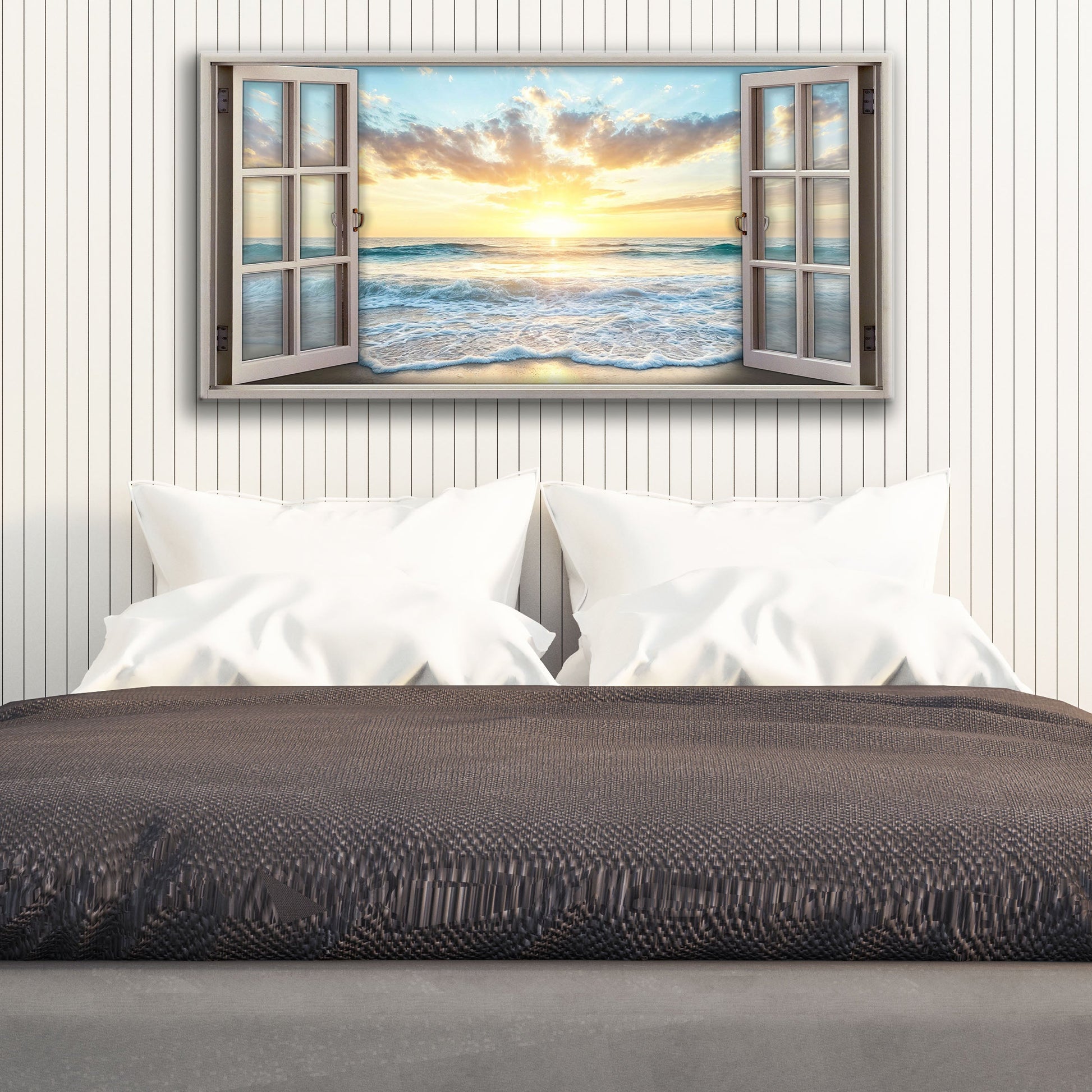 Sunrise Beach Window Scenery Wall Art canvas by Tailored Canvases; light gray window frames showcase a beach sunrise on Tampa Home & Garden Store