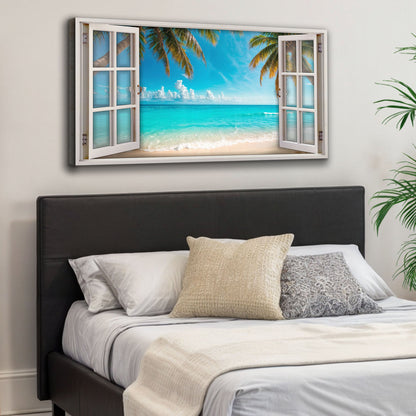 Coconut Palm Beach Window Scenery Wall Art canvas by Tailored Canvases with turquoise sea view on Tampa Home & Garden Store