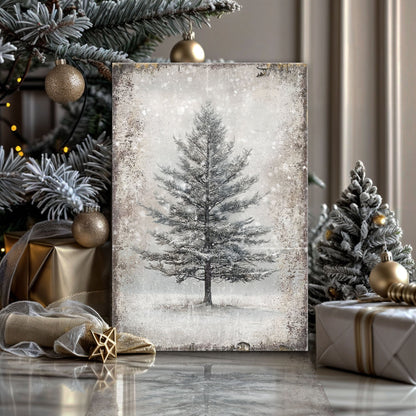 Vintage Christmas Tree Wall Art IX canvas by Tailored Canvases with frosty grayscale pine on Tampa Home & Garden Store