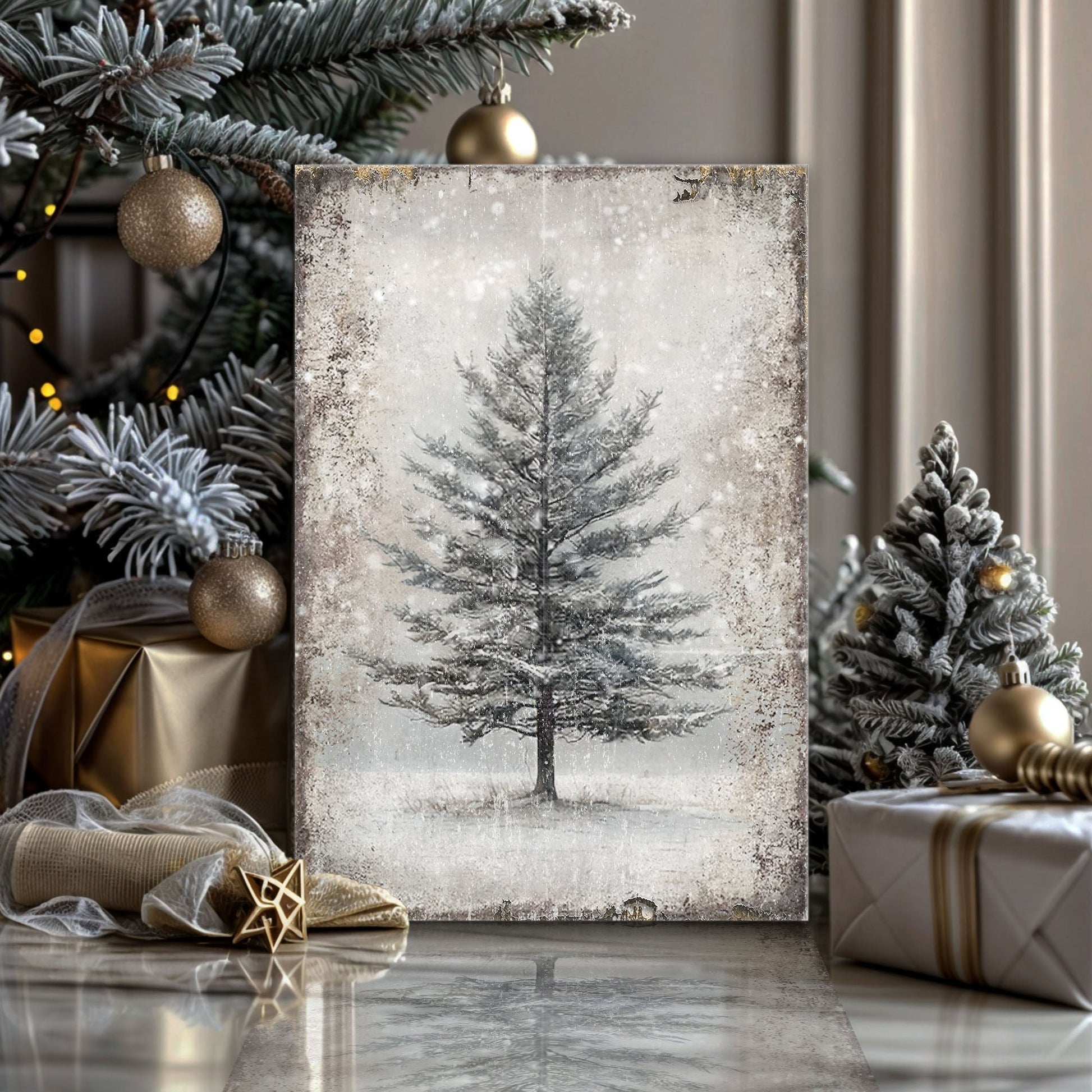 Vintage Christmas Tree Wall Art canvas triptych by Tailored Canvases with frosted snowy trees on Tampa Home & Garden Store