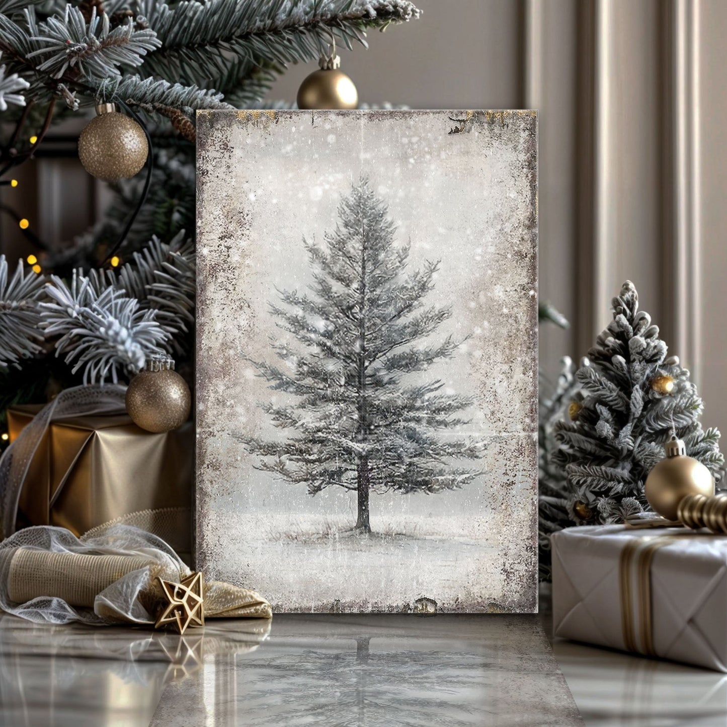 Vintage Christmas Tree Wall Art canvas by Tailored Canvases with snowy evergreen and gold trim on Tampa Home & Garden Store