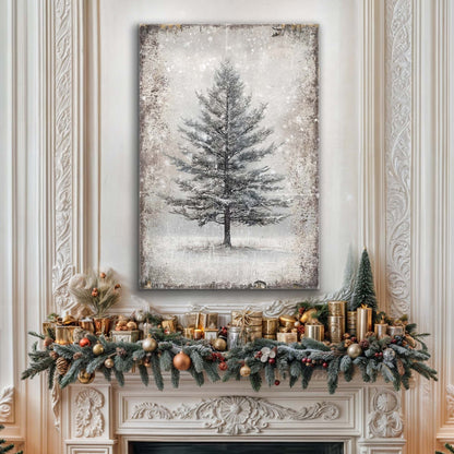 Vintage Christmas Tree Wall Art VI canvas with a snowy gray evergreen on a distressed backdrop on Tampa Home & Garden Store