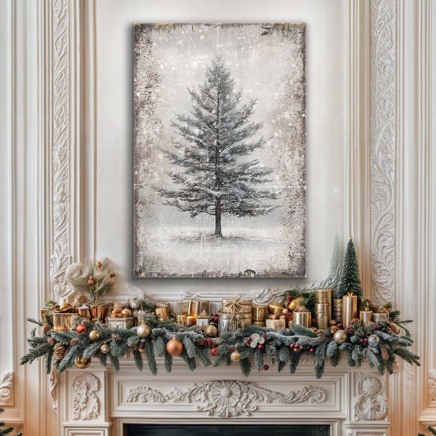 Vintage Christmas Tree Wall Art X canvas; grayscale tree on textured snow backdrop on Tampa Home & Garden Store