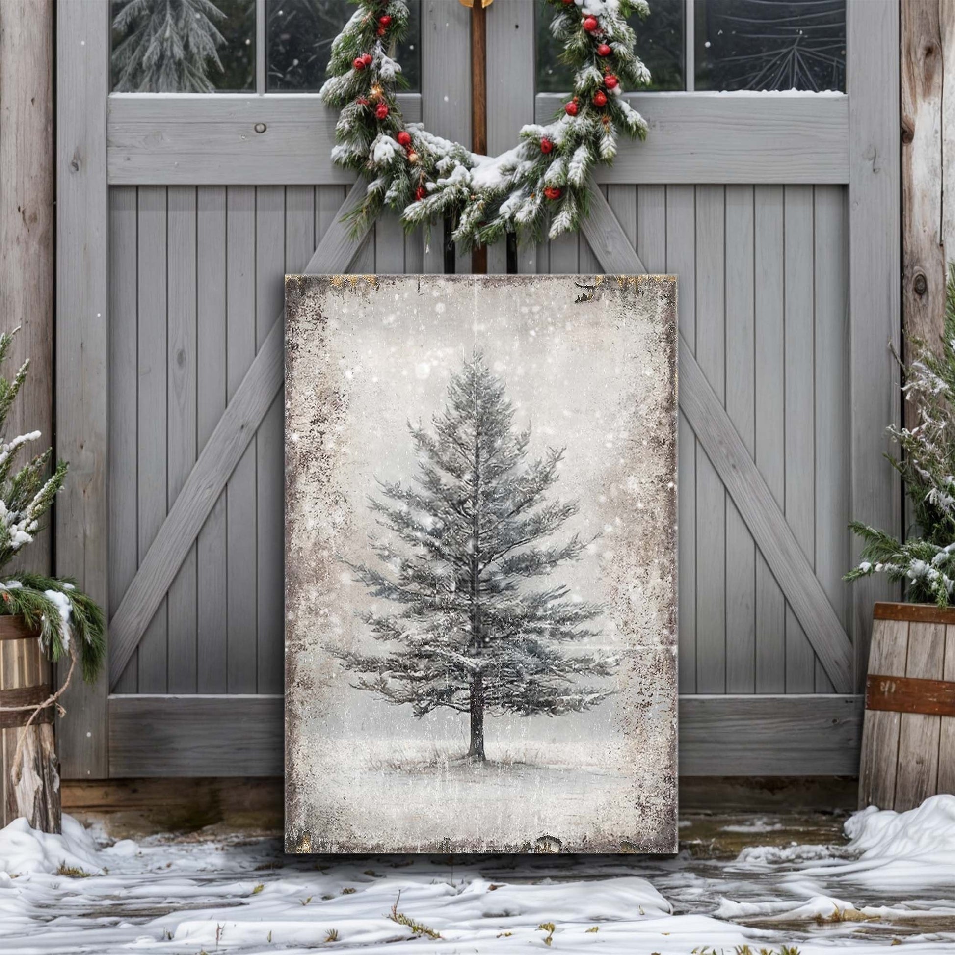 Vintage Christmas Tree Wall Art VII canvas Tailored Canvases, snow-dusted evergreen on grey door on Tampa Home & Garden Store