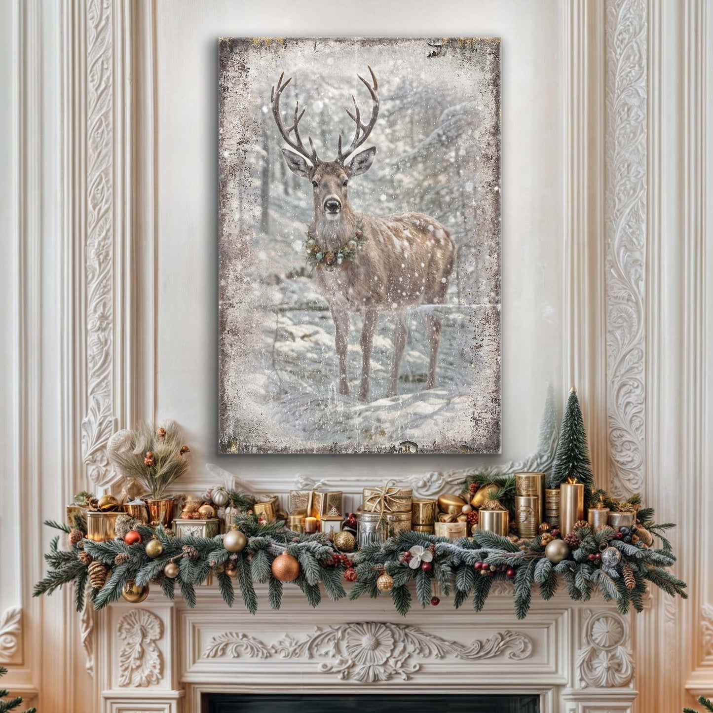 Vintage Winter Deer Christmas Wall Art III canvas by Tailored Canvases with snowy forest scene on Tampa Home & Garden Store