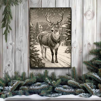 Framed canvas wall art Vintage Winter Deer Christmas Wall Art II with sepia deer in snow on Tampa Home & Garden Store