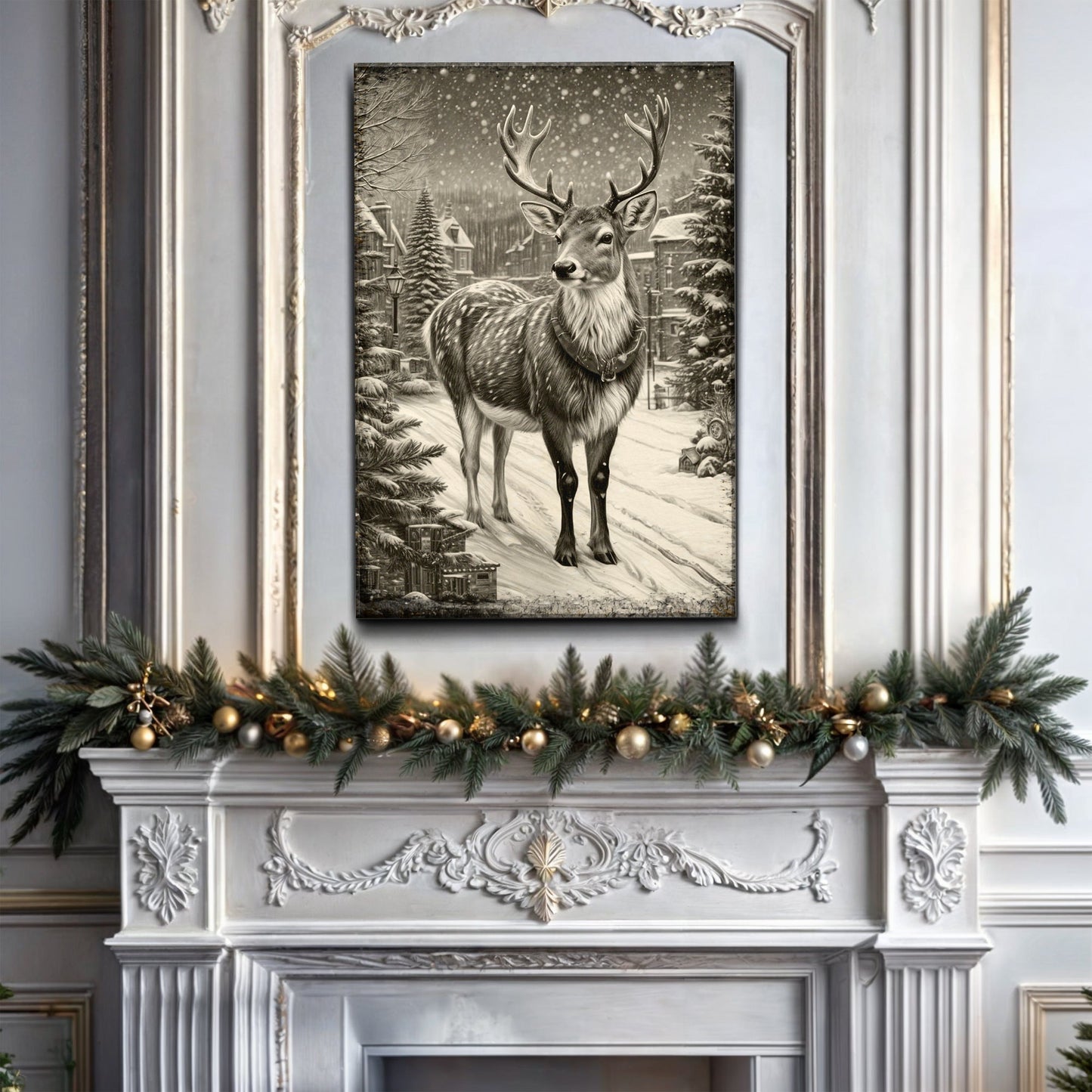 Vintage Winter Deer Christmas Wall Art II canvas Tailored Canvases monochrome deer in snow on Tampa Home & Garden Store