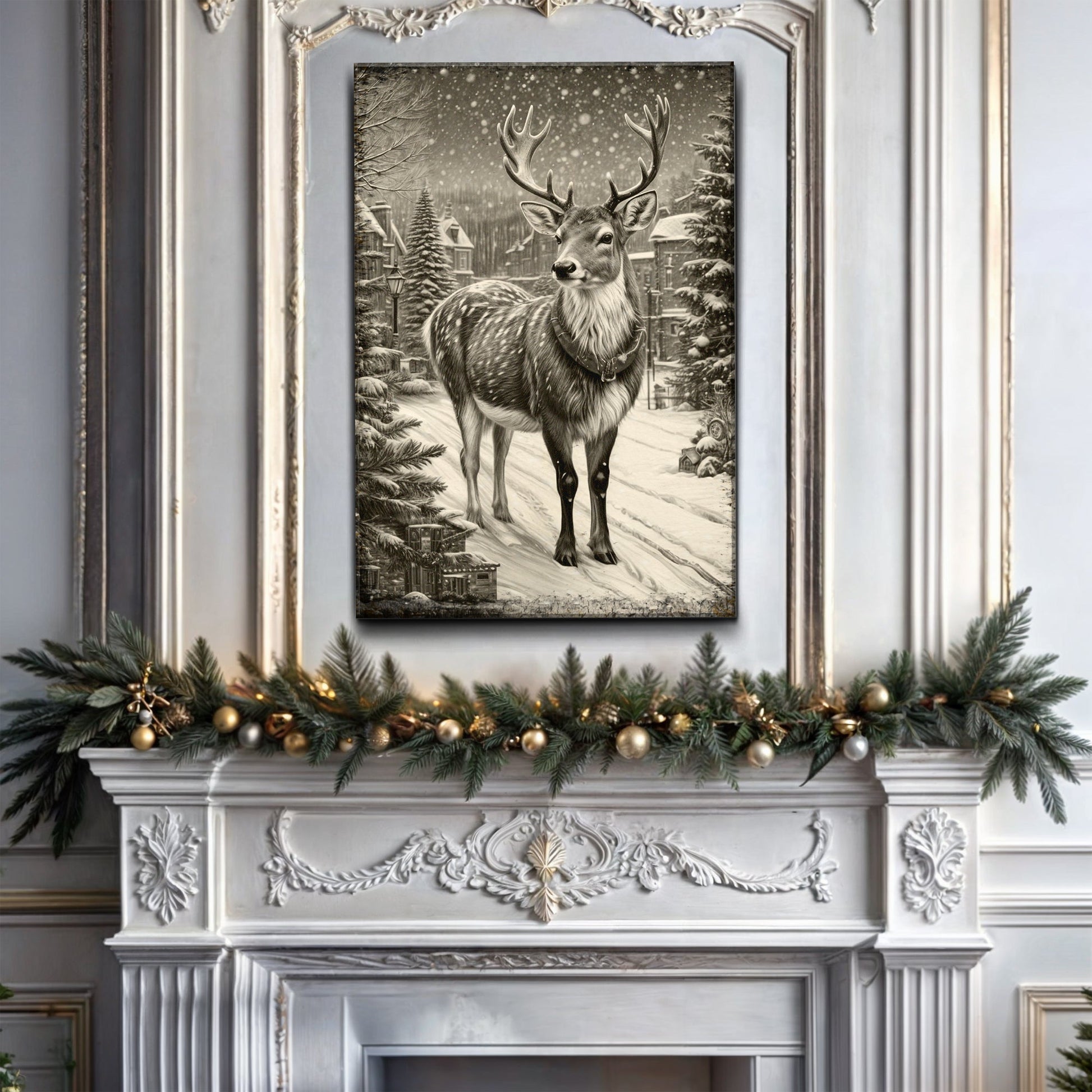 Vintage Winter Deer Christmas Wall Art II canvas Tailored Canvases monochrome deer in snow on Tampa Home & Garden Store