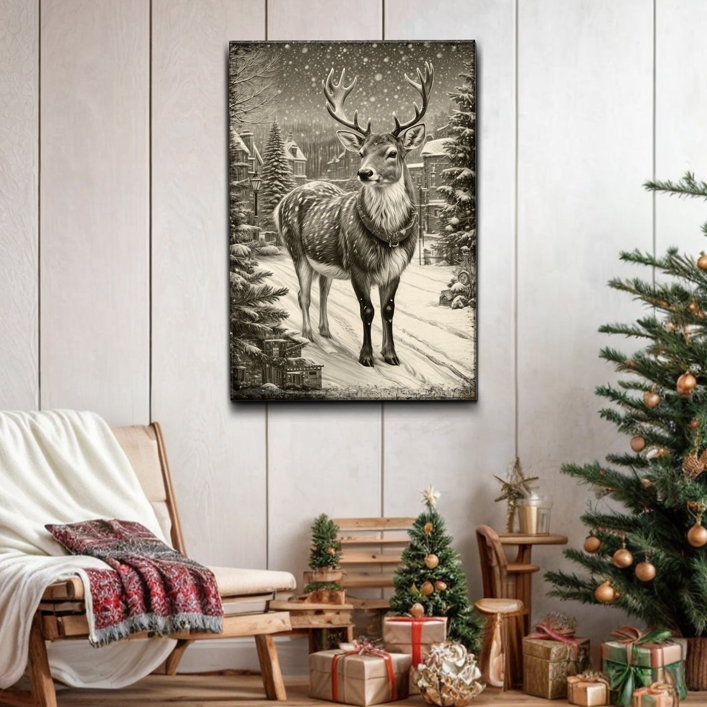 Vintage Winter Deer Christmas Wall Art II canvas by Tailored Canvases in grayscale on Tampa Home & Garden Store