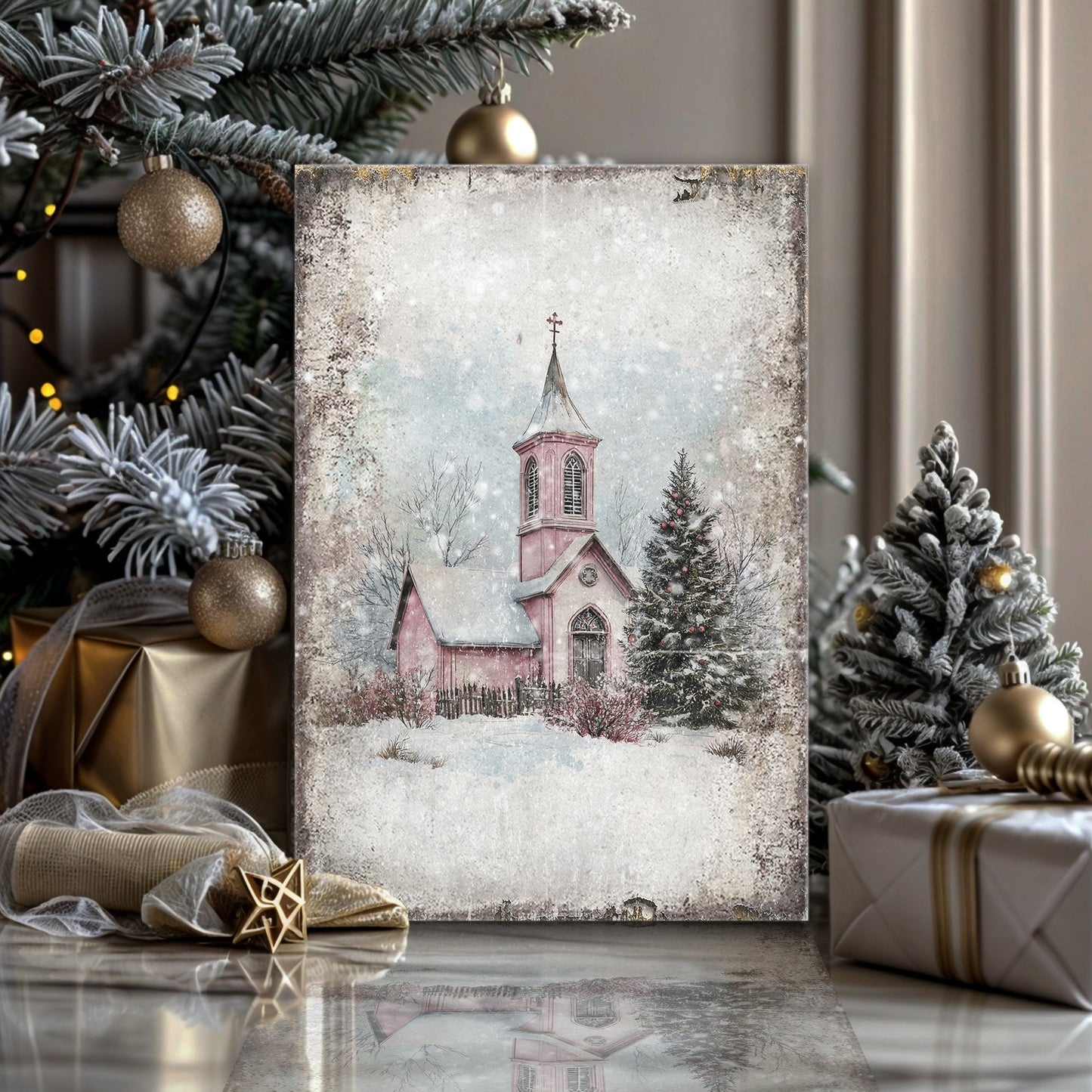 Vintage Church Christmas Wall Art canvas by Tailored Canvases, pink church in snowy scene on Tampa Home & Garden Store