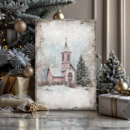 Vintage Church Christmas Wall Art canvas by Tailored Canvases, pink church in snowy scene on Tampa Home & Garden Store