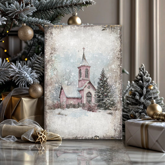Vintage Church Christmas Wall Art canvas by Tailored Canvases, pink church in snowy scene on Tampa Home & Garden Store
