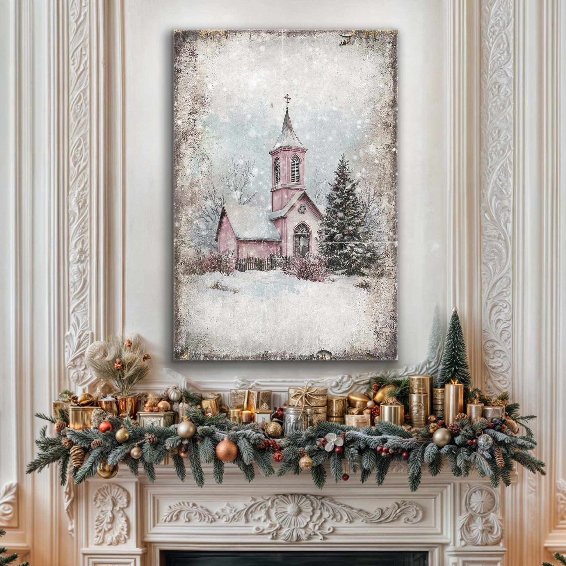 Vintage Church Christmas Wall Art canvas with pink church steeple amid snowy landscape on Tampa Home & Garden Store