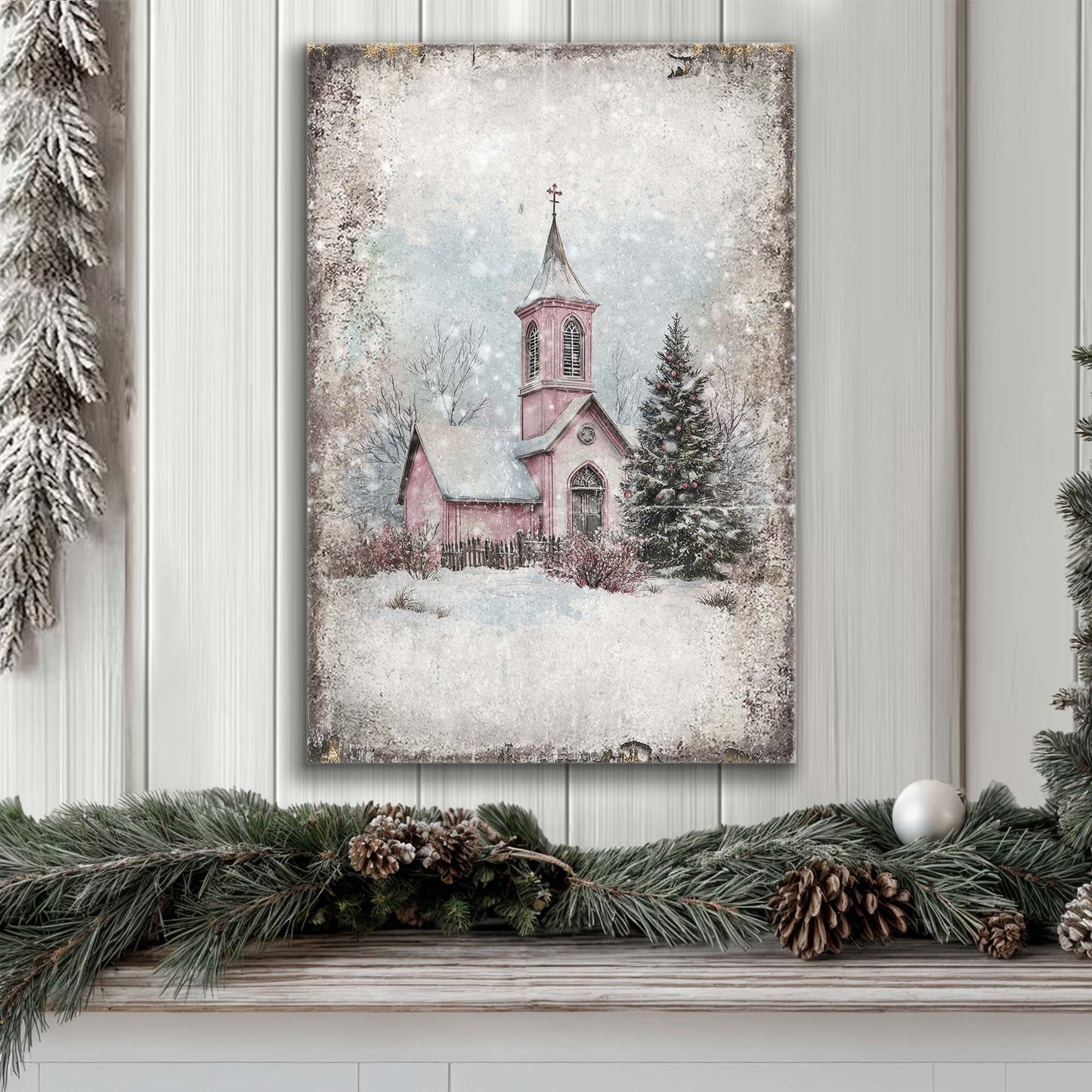 Vintage church Christmas wall art canvas by Tailored Canvases with pink steeple and snowy scene on Tampa Home & Garden Store