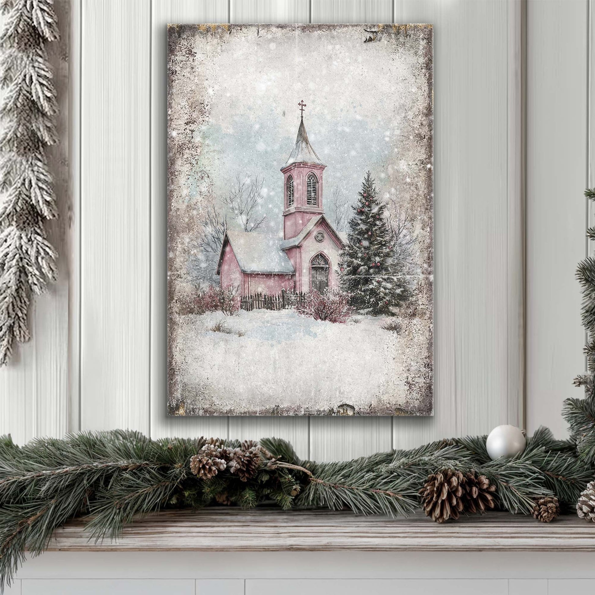 Vintage church Christmas wall art canvas by Tailored Canvases with pink steeple and snowy scene on Tampa Home & Garden Store