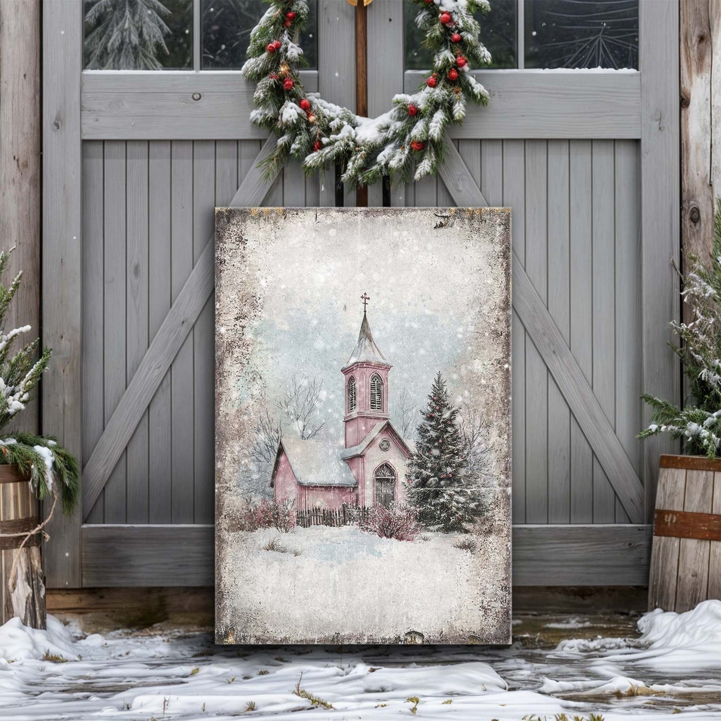 Vintage Church Christmas Wall Art canvas by Tailored Canvases, snowy pink church scene on Tampa Home & Garden Store