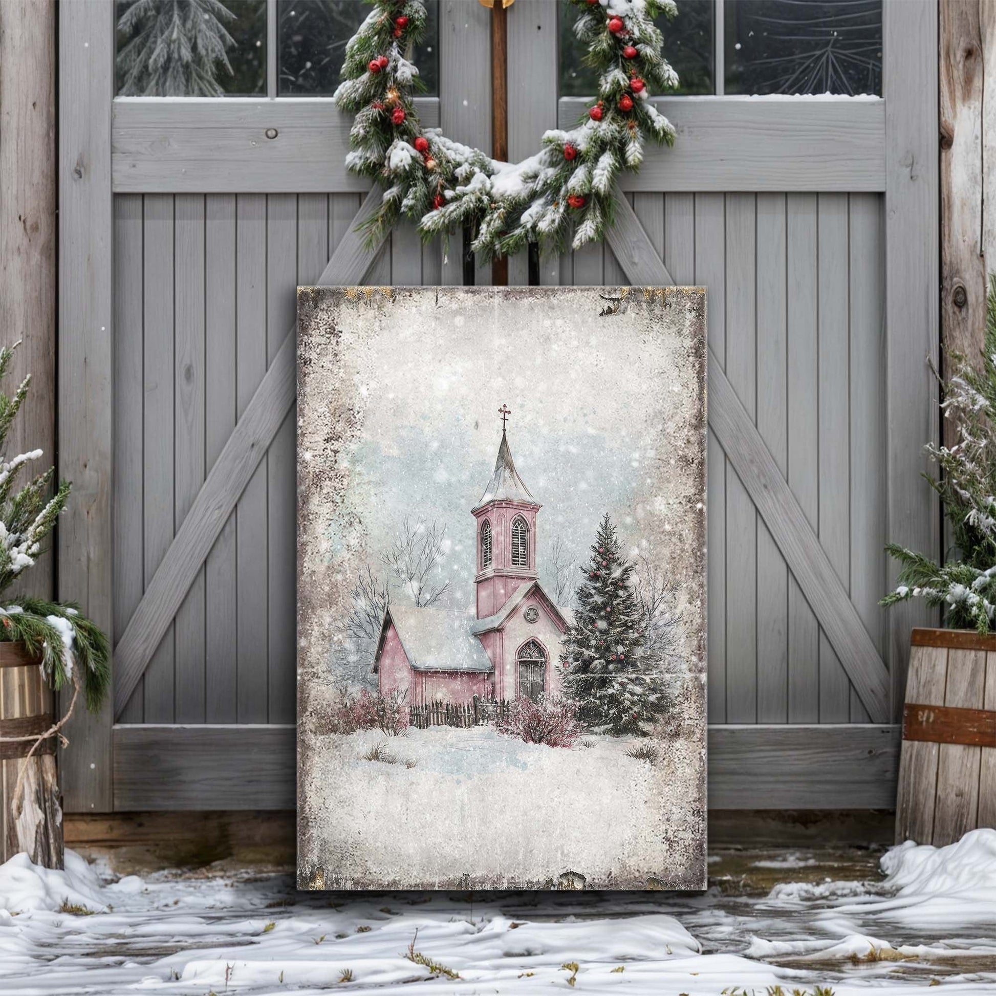 Vintage Church Christmas Wall Art canvas by Tailored Canvases, snowy pink church scene on Tampa Home & Garden Store