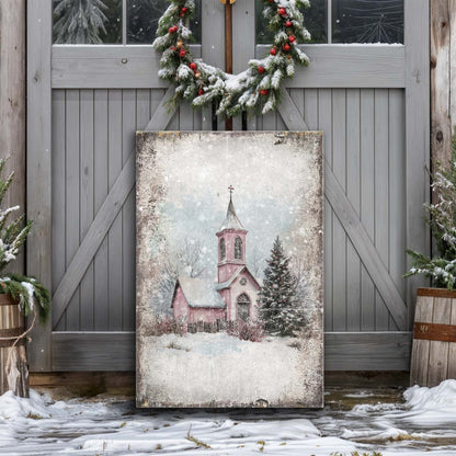 Vintage Church Christmas Wall Art canvas by Tailored Canvases, snowy pink church scene on Tampa Home & Garden Store