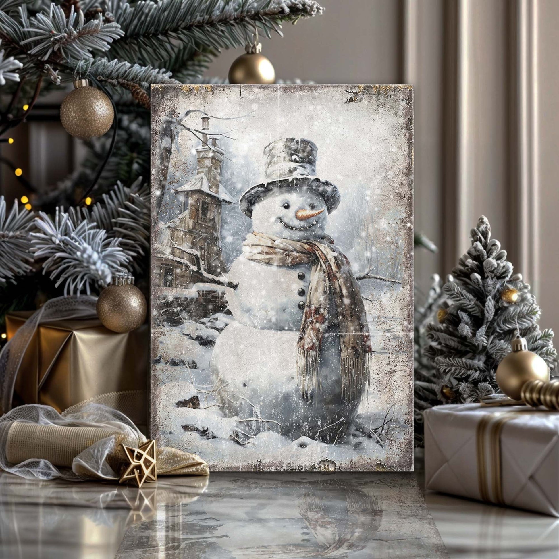 Vintage Snowman Christmas Wall Art II canvas by Tailored Canvases, wintry snow scene on Tampa Home & Garden Store