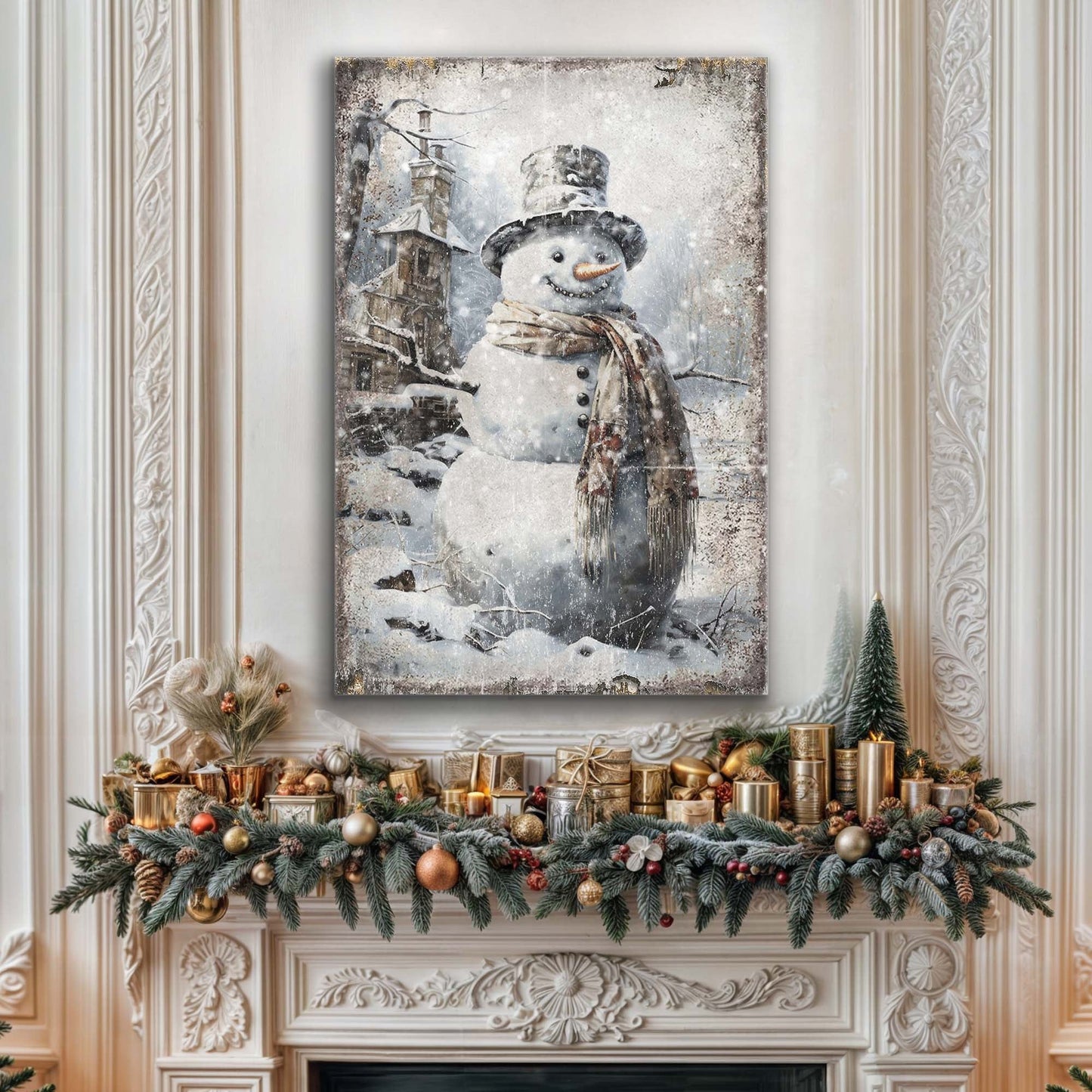 Canvas Vintage Snowman Christmas Wall Art II by Tailored Canvases in a snowy whimsical scene on Tampa Home & Garden Store