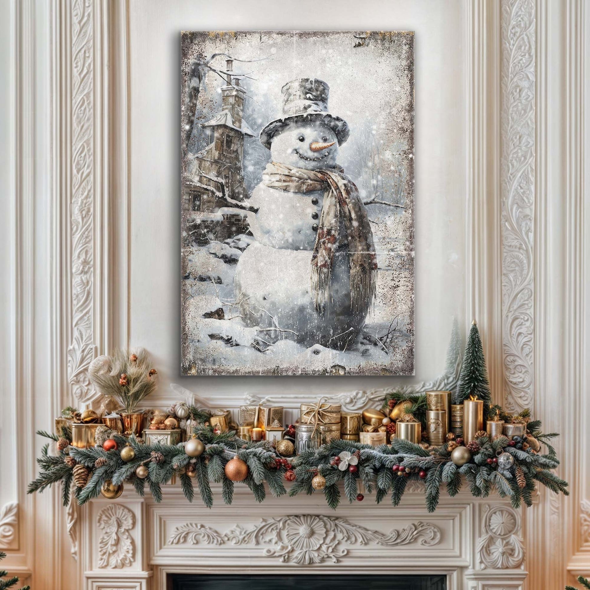 Canvas Vintage Snowman Christmas Wall Art II by Tailored Canvases in a snowy whimsical scene on Tampa Home & Garden Store
