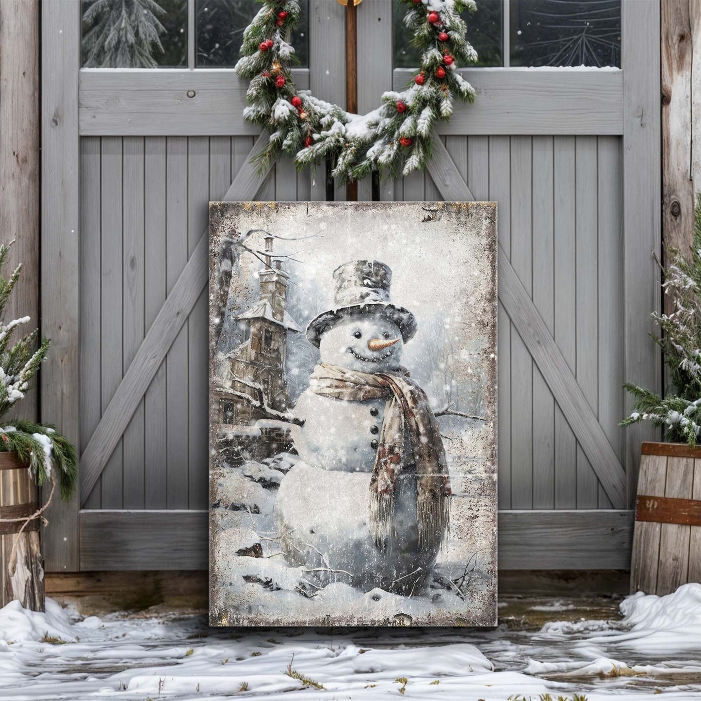 Vintage Snowman Christmas Wall Art II canvas by Tailored Canvases, festive snowy scene on Tampa Home & Garden Store