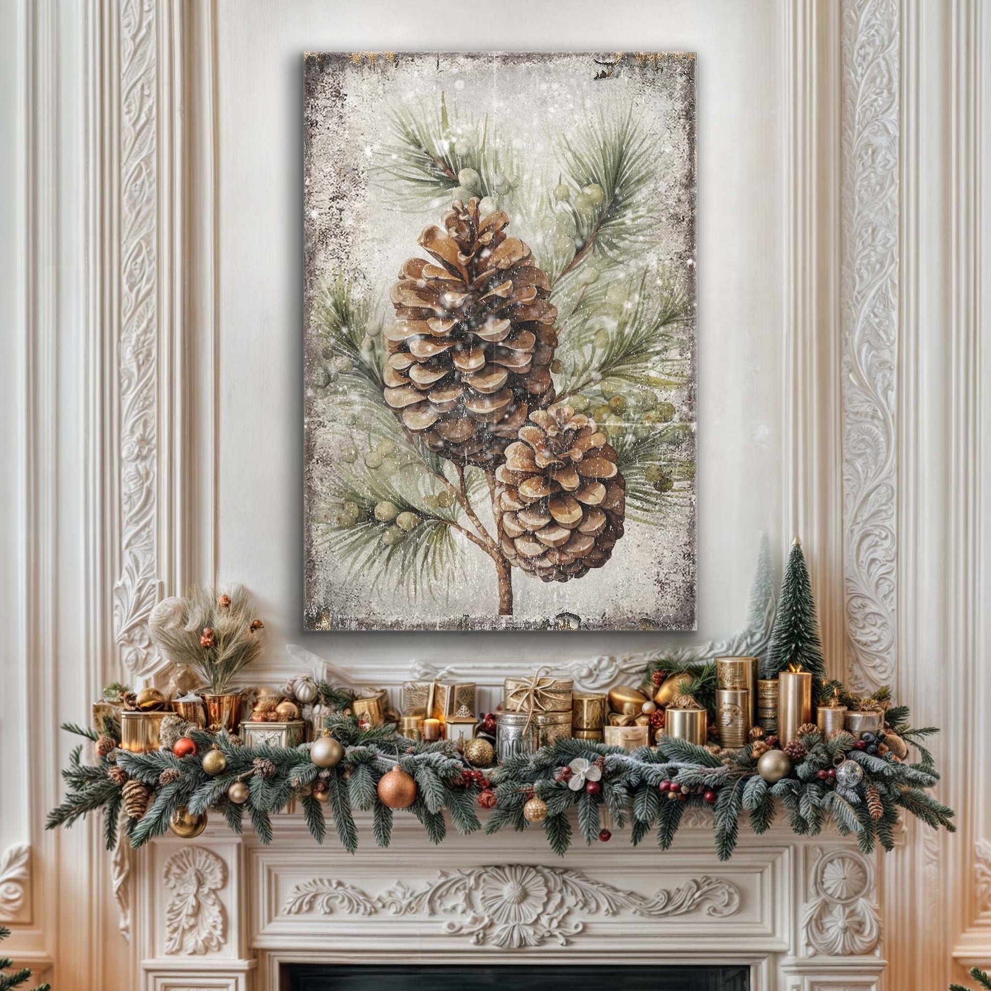 Vintage Winter Pine Cone Wall Art II Canvas, pinecones with green needles in a snowy scene on Tampa Home & Garden Store